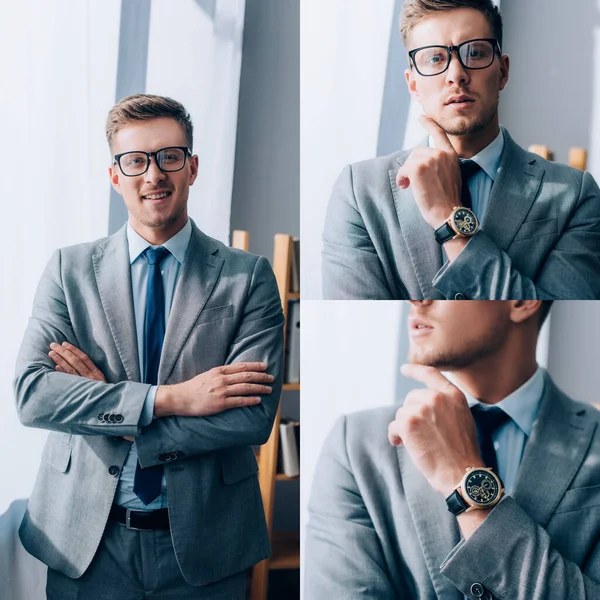 Colagem de homem de negócios sorridente em óculos e terno no escritório — Fotografia de Stock