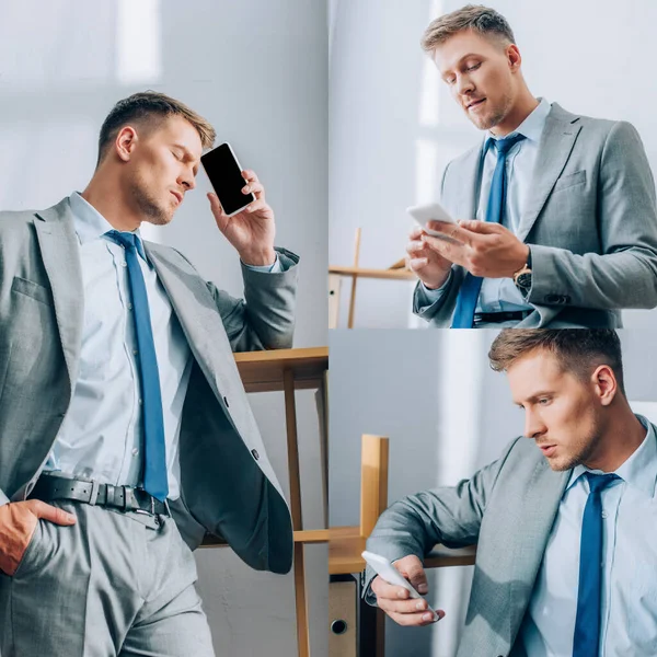 Collage di uomo d'affari utilizzando smartphone in ufficio — Foto stock