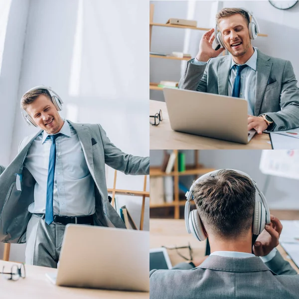 Collage of cheerful businessman listening music in headphones and using laptop in office — Stock Photo