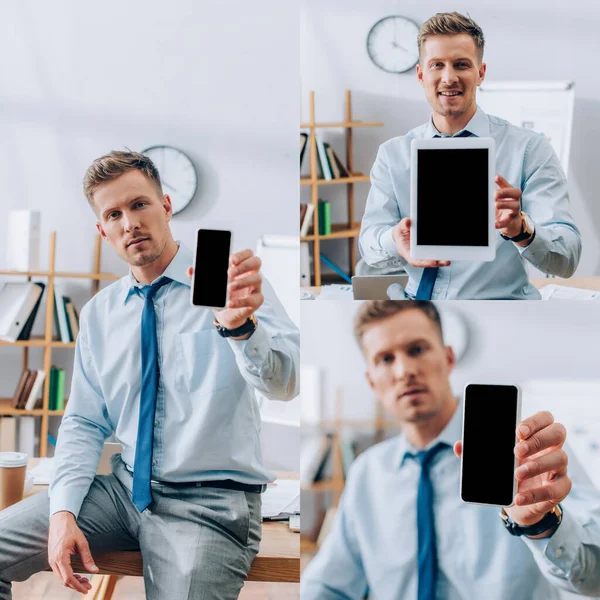 Collage d'homme d'affaires montrant smartphone et tablette numérique avec écran blanc dans le bureau — Photo de stock