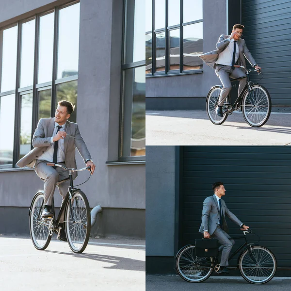 Collage eines lächelnden Geschäftsmannes mit Brille, der im Freien Fahrrad fährt — Stockfoto