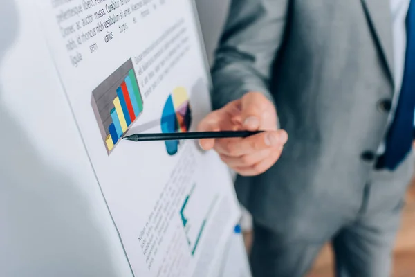 Cropped view of businessman pointing with pencil at graphs on flipchart on blurred background — Stock Photo