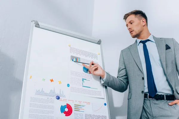 Geschäftsmann zeigt im Büro auf Grafiken auf Flipchart — Stockfoto