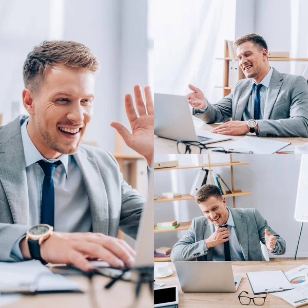 Collage eines lächelnden Geschäftsmannes mit Videoanruf auf Laptop in der Nähe von Papieren im Büro — Stockfoto