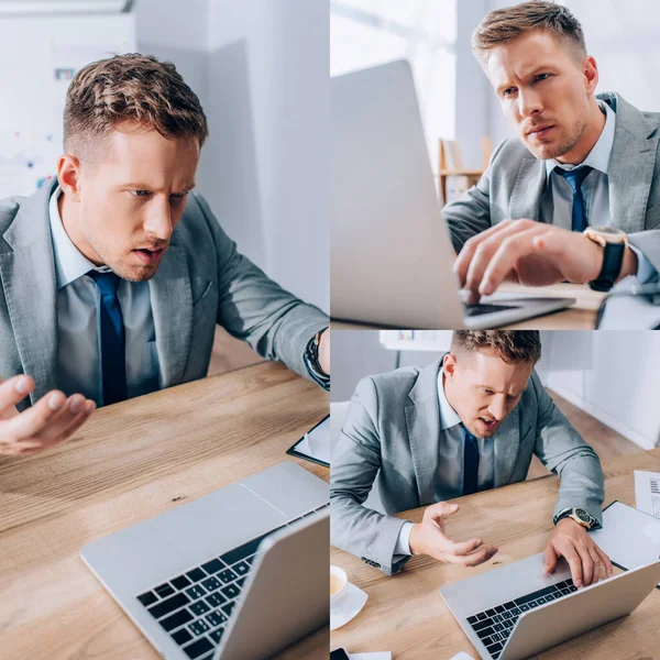 Collage de hombre de negocios enojado utilizando el ordenador portátil cerca de papeles y taza de café en la oficina - foto de stock