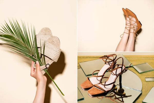 Collage di gambe femminili in scarpe marroni e sandali su sfondo beige — Foto stock