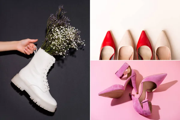Collage de zapatos elegantes y mujer sosteniendo bota blanca con flores silvestres - foto de stock
