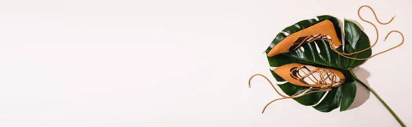 Vista superior de sapatos lisos de camurça marrom na folha de palma no fundo bege, banner — Fotografia de Stock