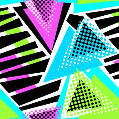 Soyut geometrik üçgenler sorunsuz arka plan. Memphis tarzı neon renkler.