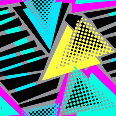 Soyut geometrik üçgenler sorunsuz arka plan. Memphis tarzı neon renkler.
