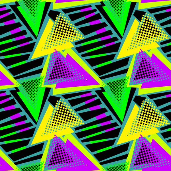 Abstracte Geometrische Driehoeken Naadloze Achtergrond Memphis Stijl Neonkleuren — Stockvector