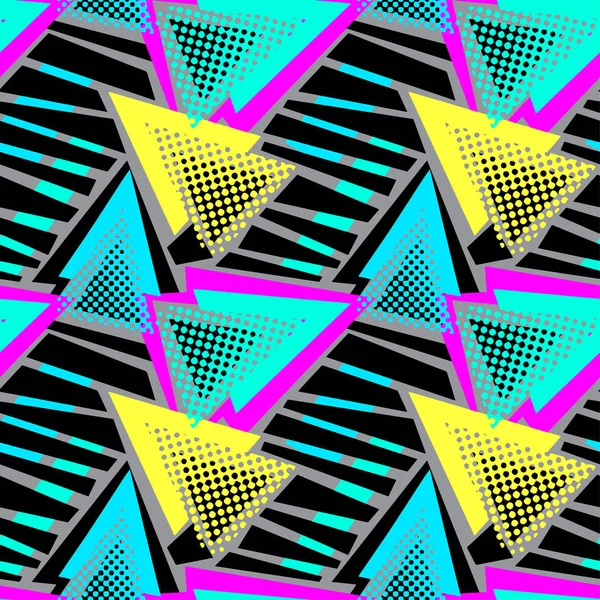Astratto Triangoli Geometrici Senza Cuciture Sfondo Colori Neon Stile Memphis — Vettoriale Stock