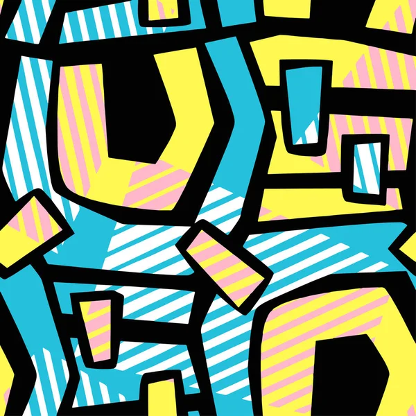 抽象的な幾何学的なシームレスな大まかなグランジ パターン モダンなデザインのテンプレート ヒップ スタイル テクスチャ 異なる落書き線と重複しているブラシ ストロークのポスターを描いた 都市の明るいテキスタイル サンプル — ストックベクタ