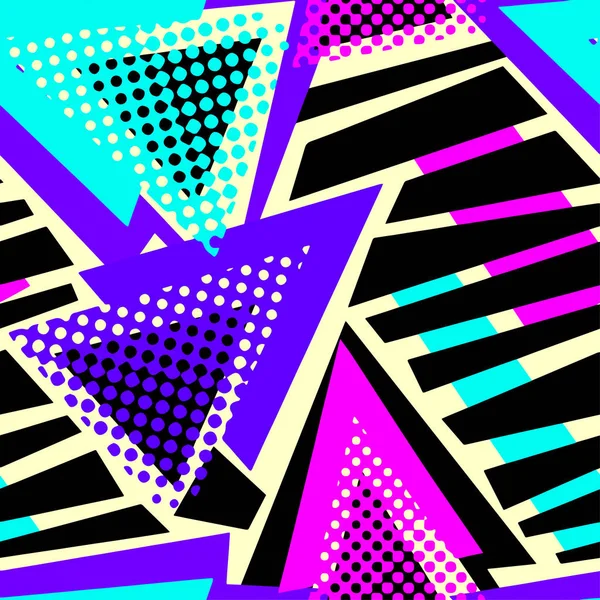 Abstrakte Geometrische Dreiecke Nahtlose Background Memphis Stil Neon Farben — Stockvektor