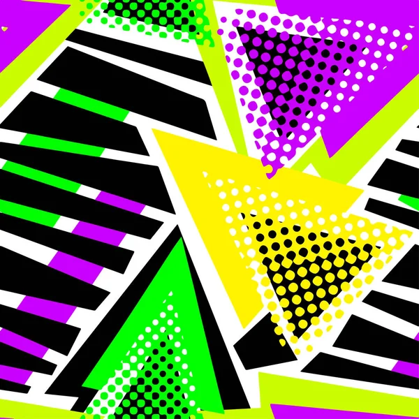Triángulos Geométricos Abstractos Fondo Sin Costura Colores Neón Estilo Memphis — Vector de stock
