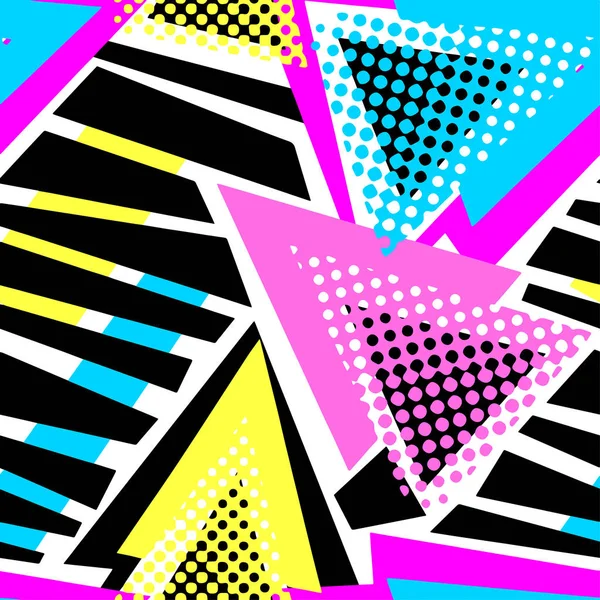 Abstraktní Geometrické Trojúhelníky Bezešvé Pozadí Memphis Styl Neonové Barvy — Stockový vektor