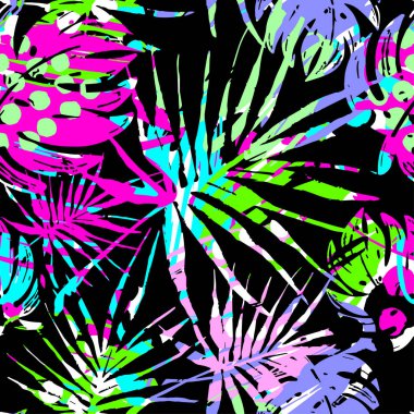 Sorunsuz yaz tropikal desen bırakır, tekstil doodle doku. Modaya uygun modern mürekkep sanatsal tasarım otantik, benzersiz çizik, suluboya fotoğraflarda arka plan, etkileyici mürekkep boyama