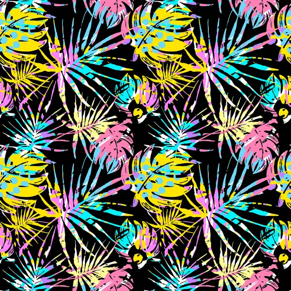 Padrão Folhas Tropicais Verão Sem Costura Textura Grunge Doodle Texture — Vetor de Stock