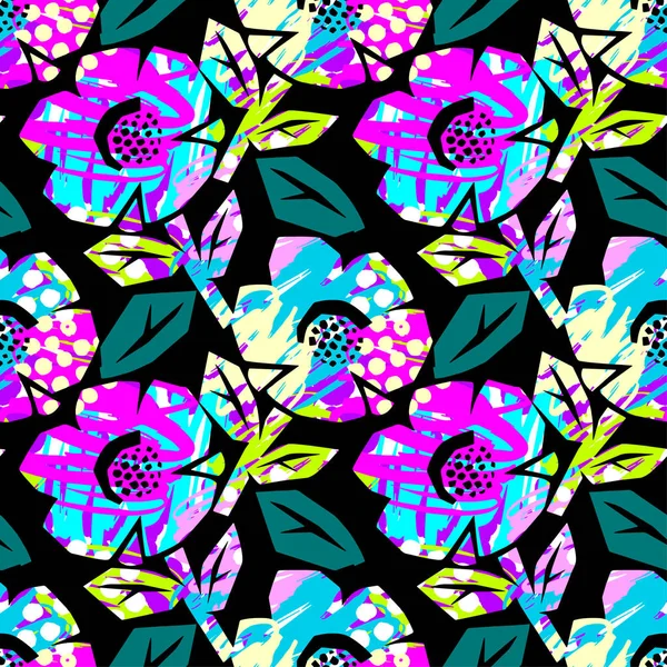 Patrón Flores Tropicales Verano Sin Costuras Textura Grunge Doodle Textil — Archivo Imágenes Vectoriales