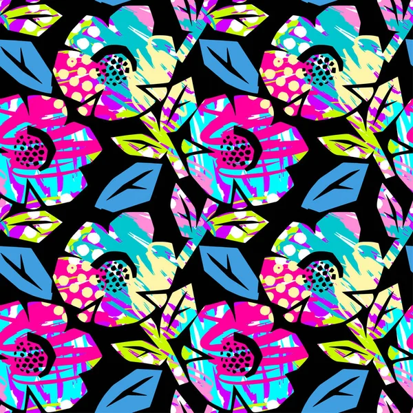 シームレスな夏の熱帯の花パターン テキスタイル落書きグランジ テクスチャ 本格的なユニークな擦り傷と芸術的なデザインをトレンディなモダンなインク 水彩消された背景 表現力豊かな水墨画 — ストックベクタ