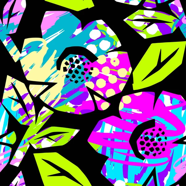 Бесшовные Летом Тропические Цветы Шаблон Текстиль Каракули Гранж Texture Trendy — стоковый вектор