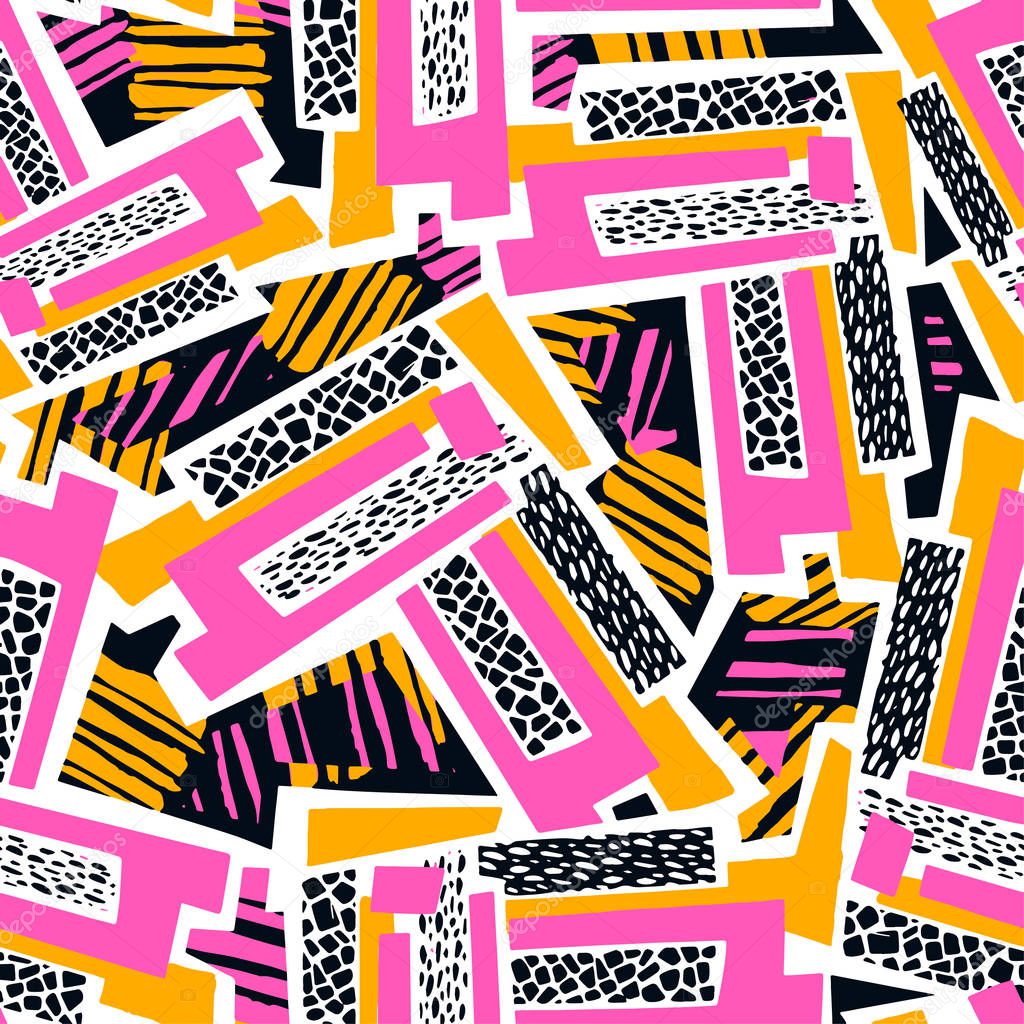 Geometric curved lines graffiti seamless hand craft expressive ink hipster pattern.Grunge urban dynamic expressive bright painting.Print for textile,apparel, wrapping paper.