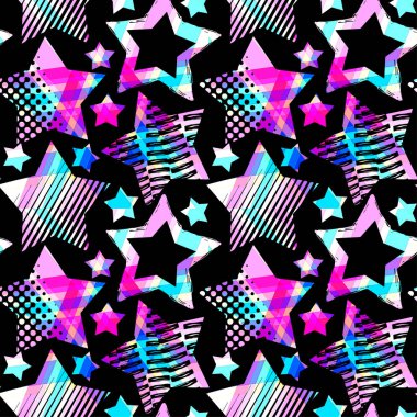 Soyut yıldız sorunsuz kaba grunge desen, modern tasarım şablonu. Hipster trendy boyalı stil doku, poster farklı doodle elemanları ile. Kentsel parlak gençlik Tekstil örnek