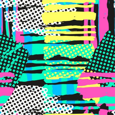 Soyut geometrik sorunsuz kaba grunge desen, modern tasarım şablonu. Hipster trendy boyalı stil doku, poster farklı doodle elemanları ile. Kentsel parlak gençlik Tekstil örnek