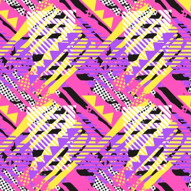 Soyut geometrik sorunsuz kaba grunge desen, modern tasarım şablonu. Hipster trendy boyalı stil doku, poster farklı doodle elemanları ile. Kentsel parlak gençlik Tekstil örnek