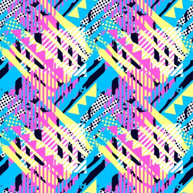 Soyut geometrik sorunsuz kaba grunge desen, modern tasarım şablonu. Hipster trendy boyalı stil doku, poster farklı doodle elemanları ile. Kentsel parlak gençlik Tekstil örnek