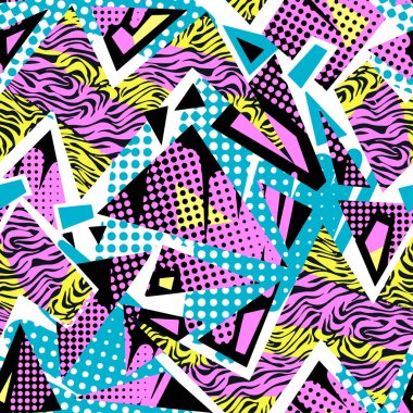 Soyut geometrik sorunsuz kaba grunge desen, modern tasarım şablonu. Hipster trendy boyalı stil doku, poster farklı doodle elemanları ile. Kentsel parlak gençlik Tekstil örnek