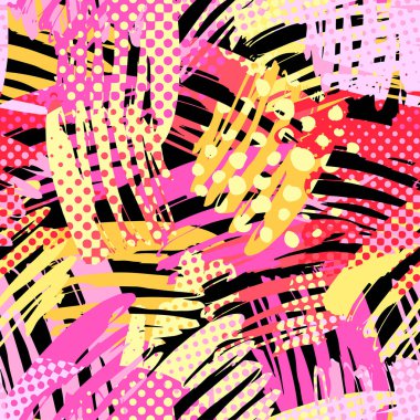 Soyut funky t-shirtl sorunsuz kaba grunge baskı, modern sorunsuz tasarım şablonu. Hipster trendy boyalı stil doku, poster farklı doodle elemanları ile. Kentsel parlak gençlik Tekstil örnek