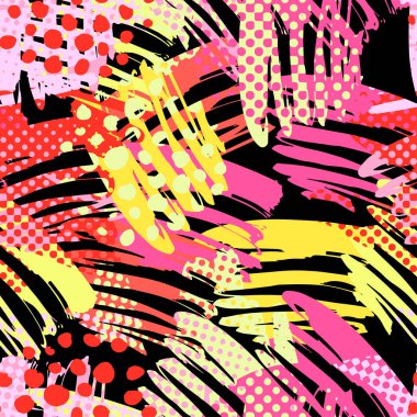 Soyut funky t-shirtl sorunsuz kaba grunge baskı, modern sorunsuz tasarım şablonu. Hipster trendy boyalı stil doku, poster farklı doodle elemanları ile. Kentsel parlak gençlik Tekstil örnek