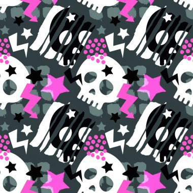 Kafatası funky sorunsuz kaba grunge desen, modern tasarım şablonu. Hipster trendy boyalı stil doku, poster farklı doodle elemanları ile. Kentsel parlak gençlik Tekstil örnek
