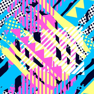Soyut geometrik sorunsuz kaba grunge desen, modern tasarım şablonu. Hipster trendy boyalı stil doku, poster farklı doodle elemanları ile. Kentsel parlak gençlik Tekstil örnek