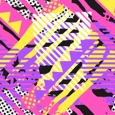 Soyut geometrik sorunsuz kaba grunge desen, modern tasarım şablonu. Hipster trendy boyalı stil doku, poster farklı doodle elemanları ile. Kentsel parlak gençlik Tekstil örnek