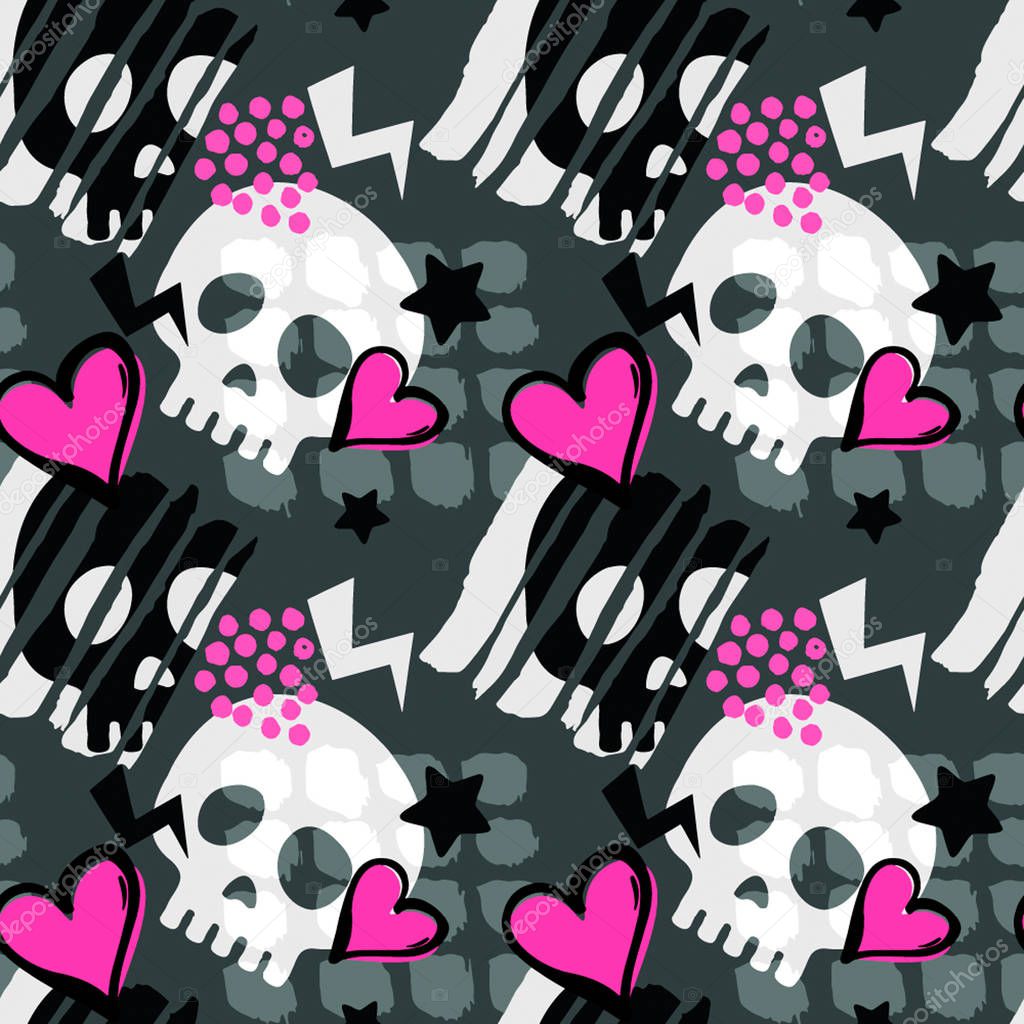 Skull funky seamless rough grunge pattern, modern design template. Hipster trendy painted style texture, poster with different doodle elements.Urban bright youth textiles sample