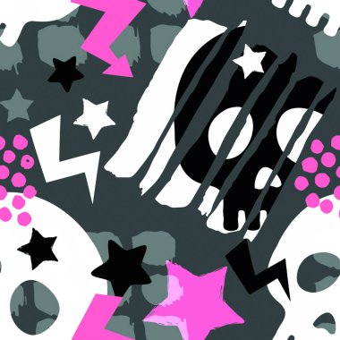 Kafatası funky sorunsuz kaba grunge desen, modern tasarım şablonu. Hipster trendy boyalı stil doku, poster farklı doodle elemanları ile. Kentsel parlak gençlik Tekstil örnek