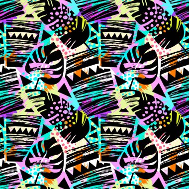 Trendy sorunsuz çiçek tropikal zor grunge desen, modern tasarım şablonu. Hipster trendy boyalı stil doku, poster farklı doodle elemanları ile. Kentsel parlak gençlik Tekstil örnek