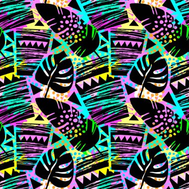 Trendy sorunsuz çiçek tropikal zor grunge desen, modern tasarım şablonu. Hipster trendy boyalı stil doku, poster farklı doodle elemanları ile. Kentsel parlak gençlik Tekstil örnek