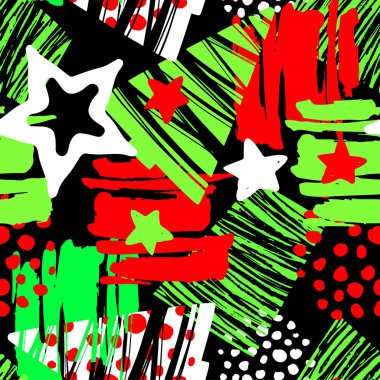 Dikişsiz Noel yinelenen el el sanatları etkileyici mürekkep desen. Funky tarzı doku, poster için kumaş sarma, dekorasyon, tebrik kartı, tekstil veya t-shirt giyim tasarım, farklı karalamalar ile boyalı.