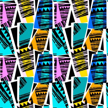 Soyut geometrik sorunsuz kaba grunge desen, modern tasarım şablonu. Hipster trendy boyalı stil doku, poster farklı doodle elemanları ile. Kentsel parlak gençlik Tekstil örnek