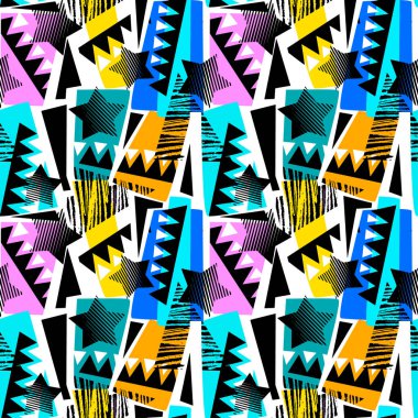 Soyut geometrik sorunsuz kaba grunge desen, modern tasarım şablonu. Hipster trendy boyalı stil doku, poster farklı doodle elemanları ile. Kentsel parlak gençlik Tekstil örnek
