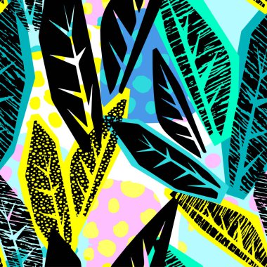 Soyut çiçek sorunsuz kaba grunge desen, modern tasarım şablonu. Hipster trendy boyalı stil doku, poster farklı doodle elemanları ile. Kentsel parlak gençlik Tekstil örnek