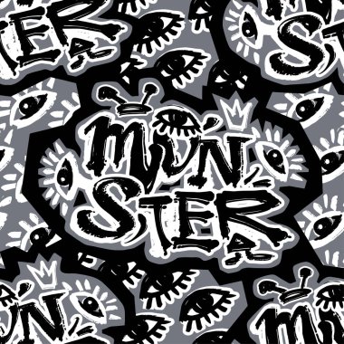 Monsterfunky sorunsuz kaba grunge desen, modern tasarım şablonu. Trendy boyalı stil doku, poster farklı doodle elemanları ile. Kentsel parlak gençlik Tekstil örnek