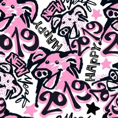 2019 Çince Zodyak işareti yıl, domuz Funky Yazdır, sorunsuz domuz puttern, mutlu yeni yıl grafik