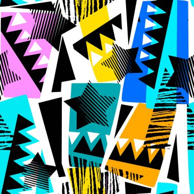 Soyut geometrik sorunsuz kaba grunge desen, modern tasarım şablonu. Hipster trendy boyalı stil doku, poster farklı doodle elemanları ile. Kentsel parlak gençlik Tekstil örnek