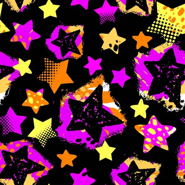 Estrellas Impresión Sin Costuras Pinceladas Tinta Textil Diseño Doodle Grunge — Vector de stock