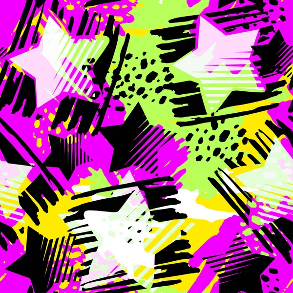 Stars Seamless Print Textile Ink Brush Strokes Design Doodle Grunge — Stock Vector