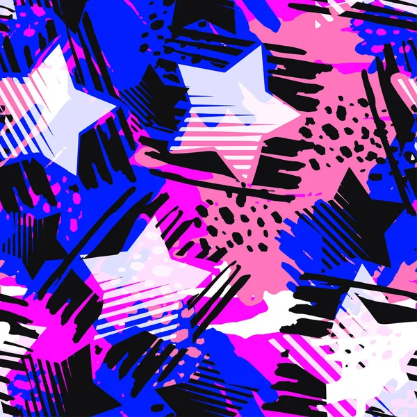 Estrellas Impresión Sin Costuras Pinceladas Tinta Textil Diseño Doodle Grunge — Vector de stock